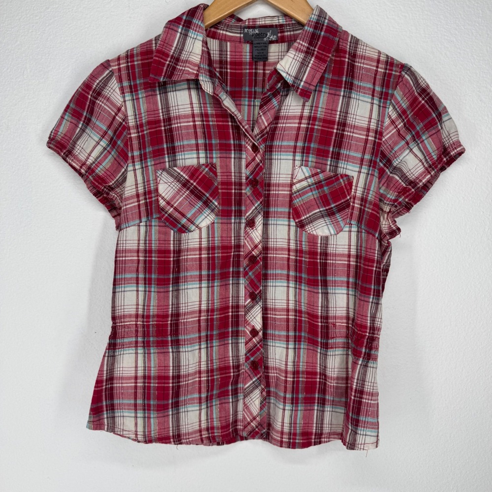 Vintage 90s‎ Y2K Plaid Metallic Lurex Button Shirt Cinched Waist Medium Country
